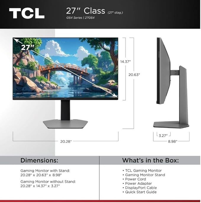TCL 27 G64 Series QHD HDR QD-Mini LED 2560x1440 180Hz 1ms GTG HDR600 Brightness AMD FreeSync Built-in Stereo Speakers Adjustable Stand Gaming Monitor Black &amp Gray 27G64 (Renewed)