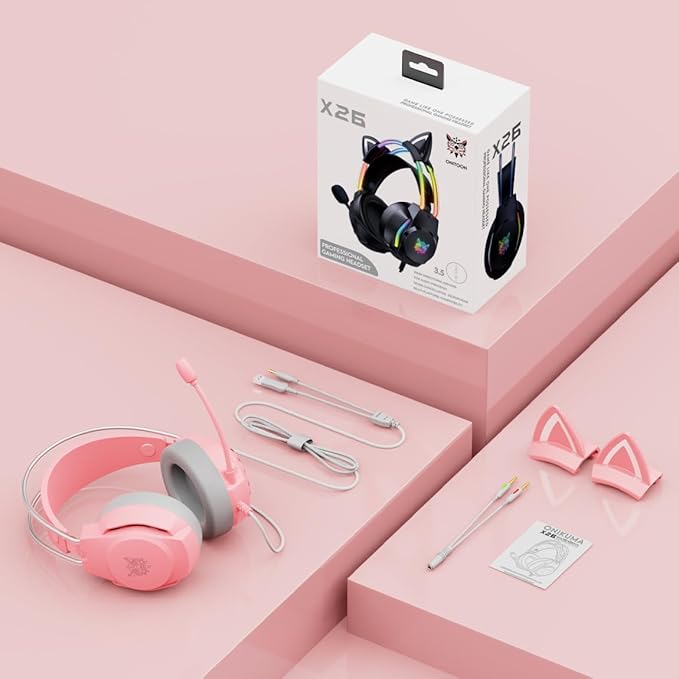 Gaming Headset with Microphone Cat Ear Headphones for PC Laptop PS4 PS5 Xbox Switch Rainbow RGB Lighting &amp Virtual Surround Sound 3.5mm Wired Over Ear Headphones Ergonomic