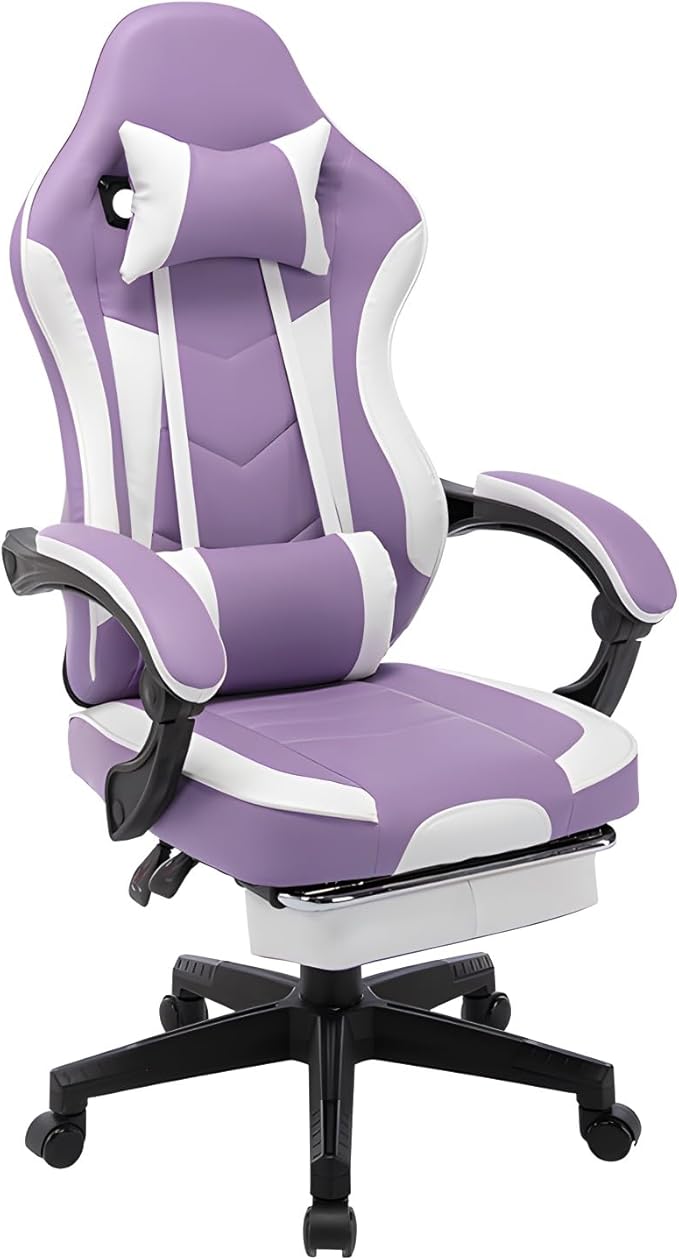 Ergonomic Video Game ChairsPu Leather Video Game Chairs For Adults 360°Swivel Adjustable Office Chair Gamer ChairWith Footrest Comfortable Game Lumbar Headrest Backrest RecliningPurple+whit