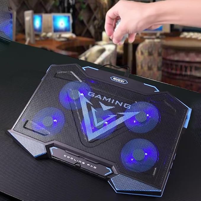 Upgrade Your Setup with This 17.3-inch Foldable Laptop Cooling Stand Featuring 5 high-Speed Fans Adjustable Ergonomic Design and Portable Cooling for Gaming or Work. Sleek Black &amp Blue Finish.