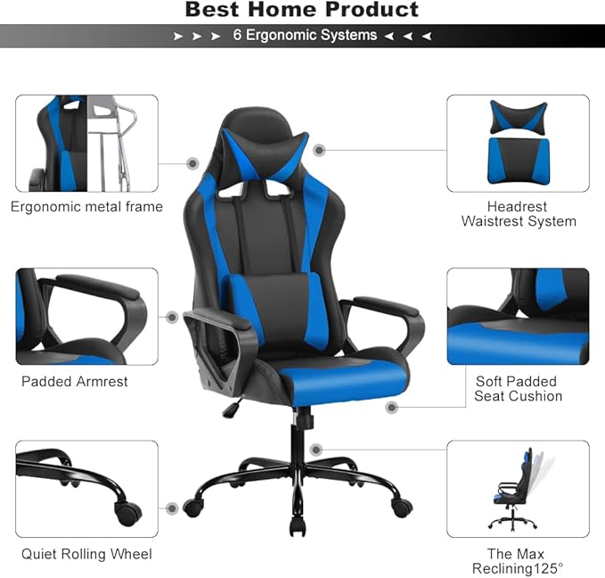 Ergonomic Gaming Chair High Back PU Leather Office Chair with Adjustable Lumbar Support &amp Headrest – Swivel Computer Desk Chair for Adults Teens Kids – Heavy Duty Executive Red Game Chair - Blu