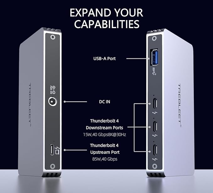 TREBLEET Slim Thunderbolt 4 Hub with 85W Charging Single 8K or Dual 4K Display Compatible with Thunderbolt 3/USB4 MAC OS &amp Windows OS with Four 40Gbps Thunderbolt 4 Ports One USB A 3.2 Gen2 Po