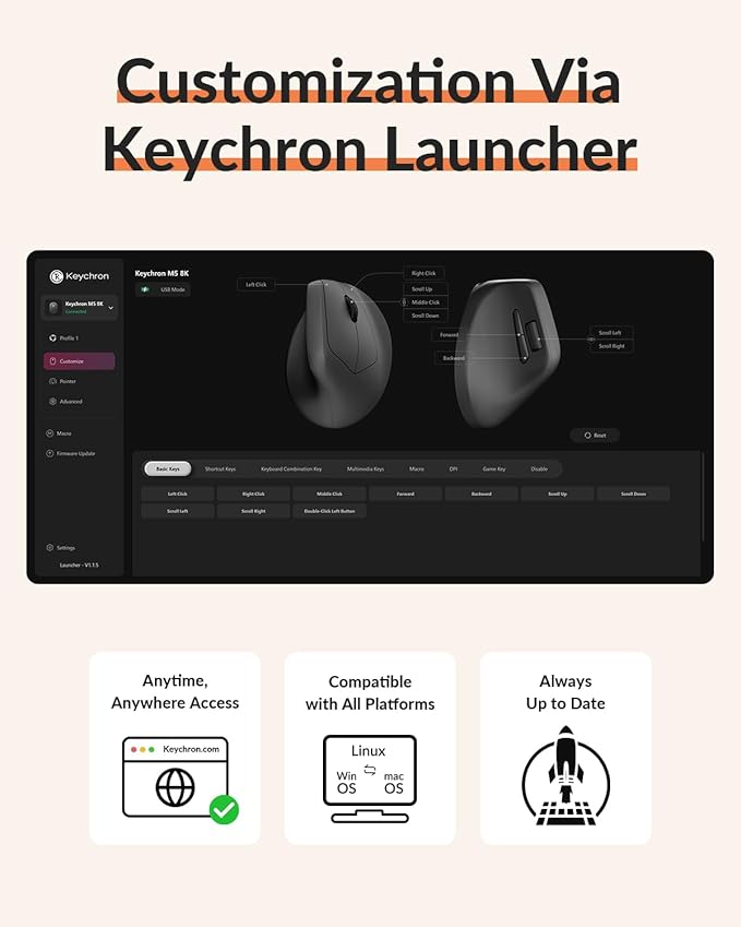 Keychron M5 8K Vertical Ergonomic Mouse Wireless 2.4 GHz/Bluetooth 5.3/Wired Computer Mice Rechargeable 5 Levels Up to 30K DPI with Programmable Buttons for Laptop macOS/Windows - White