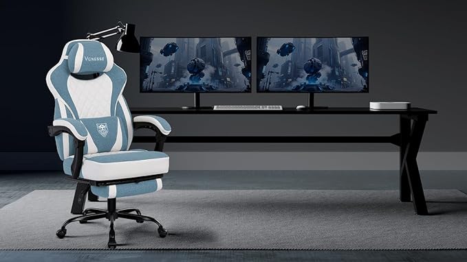 Vonesse Gaming Chair Reclining Fabric Gaming Chairs for Adults 250LBS Office Chair with Pocket Spring Cushion Computer Chair with Footrest and Massage Lumbar Support (Blue)