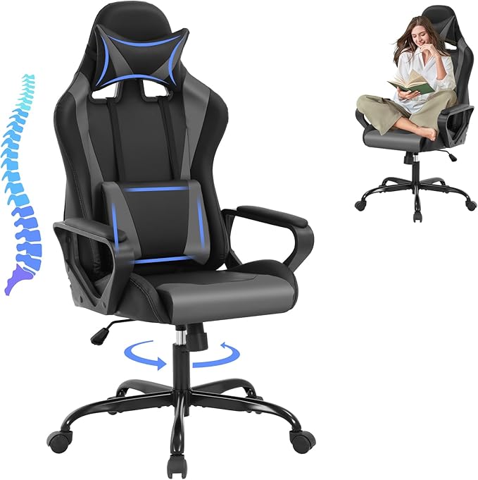 Modern Gaming Chair Ergonomic High Back PU Leather Office Chair with Lumbar Support Grey