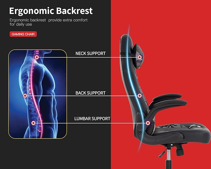 Gaming Chairs for Adults PU Leather Swivel Rolling Adjustable Game Chair with Lumbar Support Flip Up Arms Headrest for Adults Women Men Video Game Chairs Ergonomic Gaming Chair