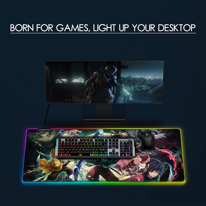 RGB Mouse Pad for Demon - Anime Tanjirou Large Mouse Pad for Computer with LED Light Edges Non Slip Rubber Base | Compatible with Kimetsu No Yaiba 11.8 x 31.5in Long Mouse Mat