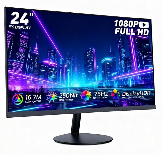 24 Inch Gaming Monitor – FHD 1080P 75Hz Refresh Rate 3ms Response Time AMD FreeSync Low Motion Blur Frameless Bezel HDMI/DP Ports VESA Mount Compatible for PC Gaming