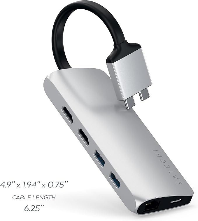 Satechi Type-C Dual Multimedia Adapter with Dual 4K HDMI USB-C PD Gigabit Ethernet Micro/SD Card Readers USB 3.0 - for M2/ M1 MacBook Pro/Max - Silver