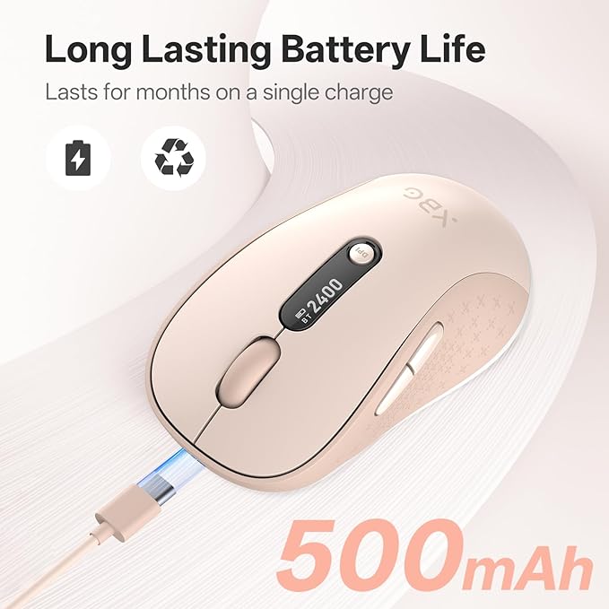 XBG B15pro Wireless Bluetooth Mouse Bluetooth 5.0/4.0 &amp 2.4G Tri-Mode Type-C Rechargeable with LED Screen Display Ergonomic Silent Click for Laptop/PC/Tablet Multi-Device &amp Office Use-Pink
