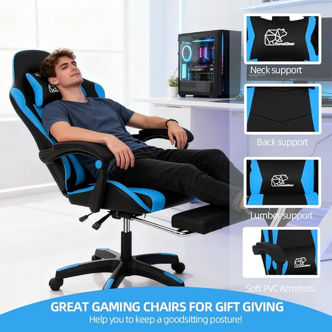 BorealBear Gaming Chair Office Chair Reclining High-Back PU Leather Computer Desk Chair with Headrest and Lumbar Support Suitable for Gaming Chairs Office Storage Office Shelving and More（Blue）