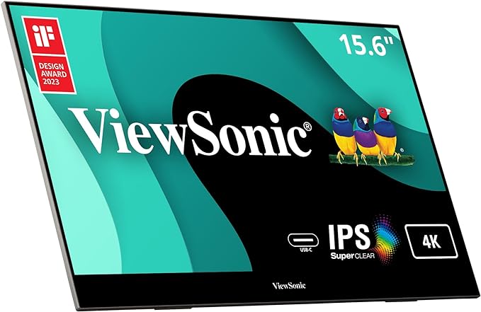 ViewSonic VX1655-4K 15.6 Inch 4K UHD Portable LED IPS Monitor with 2 Way Powered 60W USB C Mini HDMI Dual Speakers and Built-in Stand with Tripod Mount