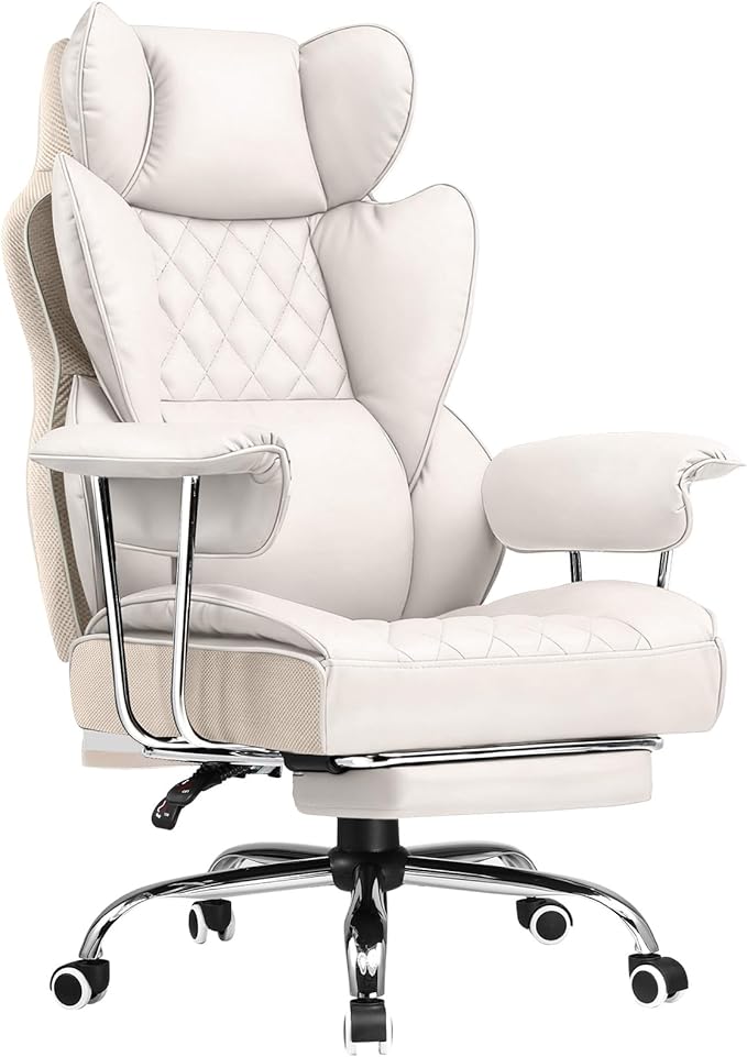 COMHOMA Big and Tall Office Chair High Back Leather Gaming Chair with Footrest Executive Ergonomic Office Chairs with Pocket Spring Lumbar Support and with Outward Fixed Soft Armrests