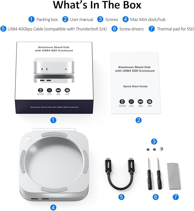 40Gbps USB4 Hub &amp Stand for Mac mini M4/M4 Pro All-Aluminum Docking Station with 40Gbps M.2 SSD (NVMe PCle) Enclosure 3*USB 2.0 3.5mm Audio USB4 Host | Mac mini M4 USB-4 Dock