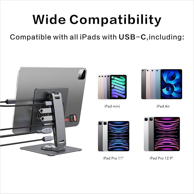 Adjustable Tablet Stand with USBC Hub 7-in-1 Aluminum Tablet Holder with Docking Station 360° Swivel Base 4K HDMI 100W PD Charging USB 3.0 SD/TF Reader 3.5mm Audio for iPad with USB-C Port