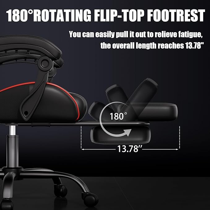 Gaming Chair Ergonomic Office Computer Chair with Footrest and Lumbar Support Massager Racing Style High Back Video Gamer Chair Wide＆Thick Cushion 90°-135° Recline Adjustable Height Red