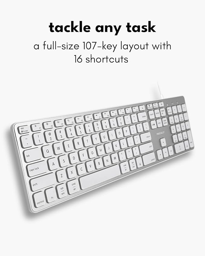 Macally Wired Keyboard for Mac with USB Hub (2X USB-A / 1x USB-C) - Compatible Backlit Apple Keyboard with Dual Interface - Auto OS Detection for Mac MacBook iMac PC Android iPad iOS - Silver
