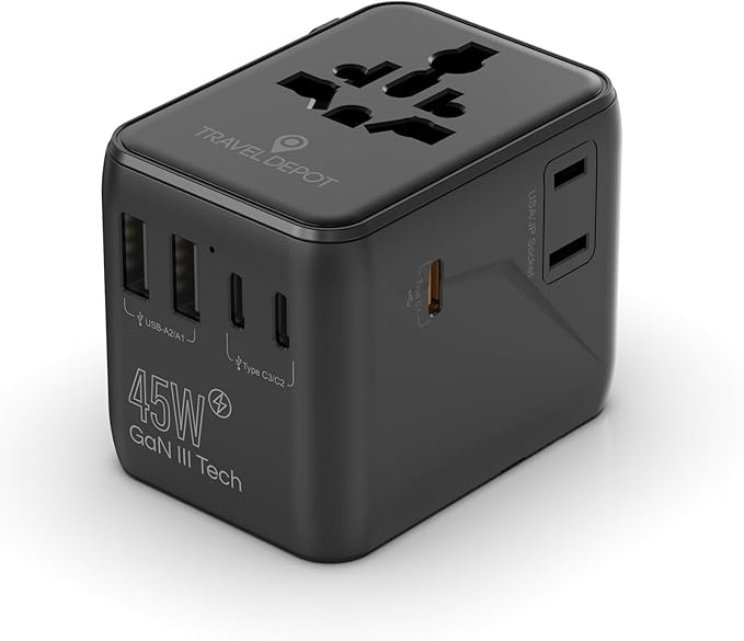 7 in 1 Travel Adapter Worldwide w/GaN 45W 2 USB-A (15W) 3 USB-C (45W) 2 AC Outlets Safety Certified International Plug Adapter for Universal Laptop Phone Camera for US EU UK AU