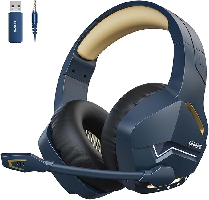 BINNUNE 2.4GHz Wireless Gaming Headset Bluetooth 5.3 Gaming Headphones with Noise Canceling Mic 120H Ultra-Long Battery 50mm Drivers Multi-Platform for PC / PS5 /PS4/ Switch/Mobile Gold