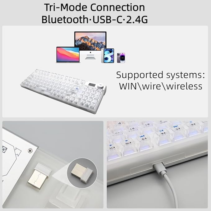 F98 Pro 95% Hot-Swappable Mechanical Keyboard – Transparent Keycaps RGB Backlit Gaming Keyboard Tri-Mode BT5.0/2.4G/USB-C OLED Display 4000mAh Battery Pink (White)