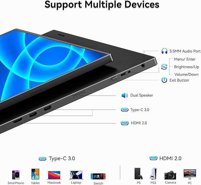 WUAWE 15.6 Inch Portable Monitor with Built-in Stand 1080P FHD 60Hz External Second Computer Monitor with Speaker HDMI USB-C for PC Mac Phone PS5 Switch Xbox PS4/5.