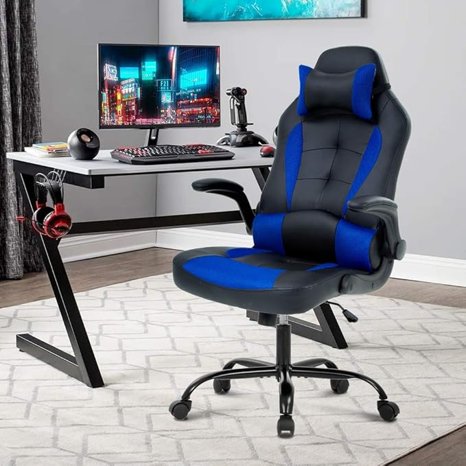 Gaming Chair High Back Home Office Chair Ergonomic PC Racing Chairs with Flip-up Arms PU Leather Computer Chairs Adjustable Height Swivel Executive Black &amp Blue