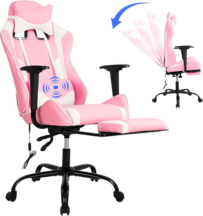 Computer Swivel Gaming Chair Video Game Chair PU Leather Executive Chair High Back Gaming Office Chair with Lumbar Support Adjustable Armrest Headrest Footrest for BoysGirlsPink