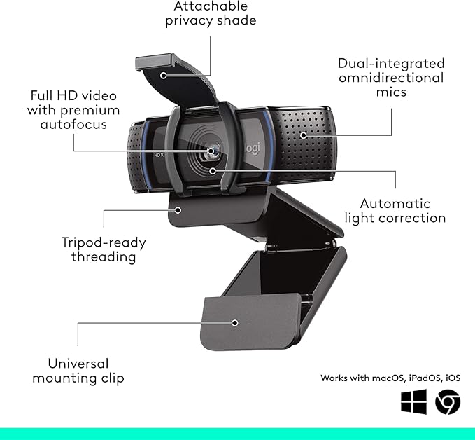 Logitech C920e HD 1080p Mic-Enabled Webcam Certified for Zoom Microsoft Teams Compatible TAA Compliant