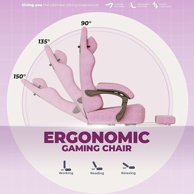 GTPLAYER Big and Tall Gaming Chair with Pocket Spring Cushion High Back Ergonomic Computer Chair with Footrest for Adults Lumbar Support Swivel Game Chair for Office Gaming 350LBS Fabric Pink