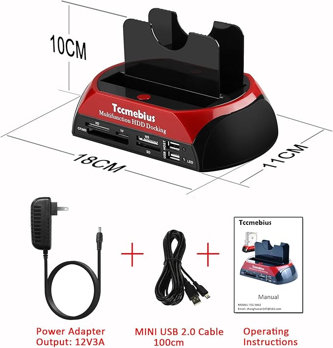 Hard Drive Docking Station TCC-S862-US USB 2.0 to 2.5 3.5 Inch SATA IDE Dual Slots External Enclosure with All in 1 Card Reader and USB 2.0 Hub for 2.5 3.5 IDE SATA I/II/III HDD SSD