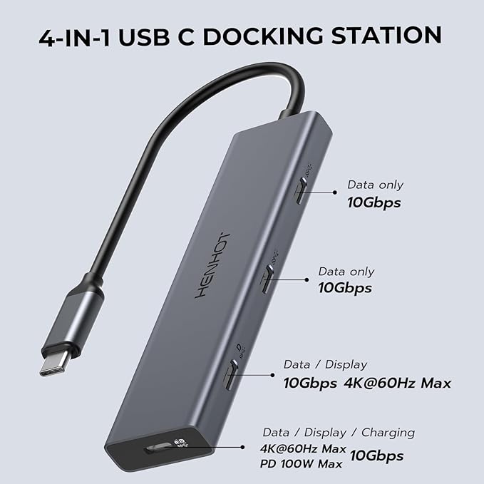 USB C Video Splitter Dual Monitor 4-Port Docking Station with USBC 3.2 Gen 2 10Gbps Supports USB-C PD Monitor Portable Screen Video Output 4K@30-60Hz100W PD for Win/Chrome Laptop AR Glasses