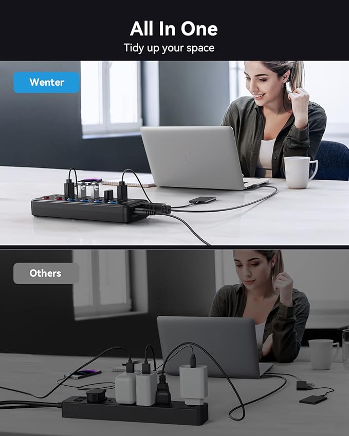Powered USB Hub Wenter 6-Port USB 3.0 Hub Splitter (4 USB 3.0 Data Ports + 2 QC 3.0 Fast Charging Ports) with Individual LED On/Off Switches USB Hub 3.0 Powered with 36W AC Adapter for Mac PC