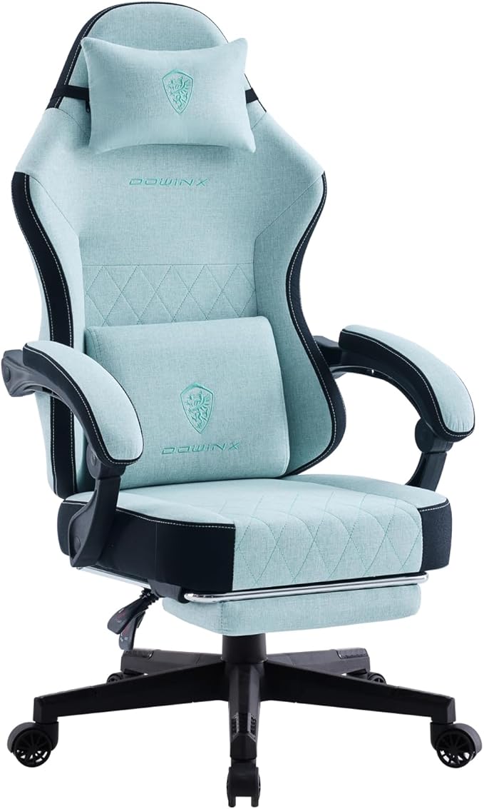 Dowinx Gaming Chair Fabric Gaming Chairs for Adults with Pocket Spring Cushions and Lumbar Support Ergonomic Massage Computer Chair with Footrest for Big and Tall Aqua