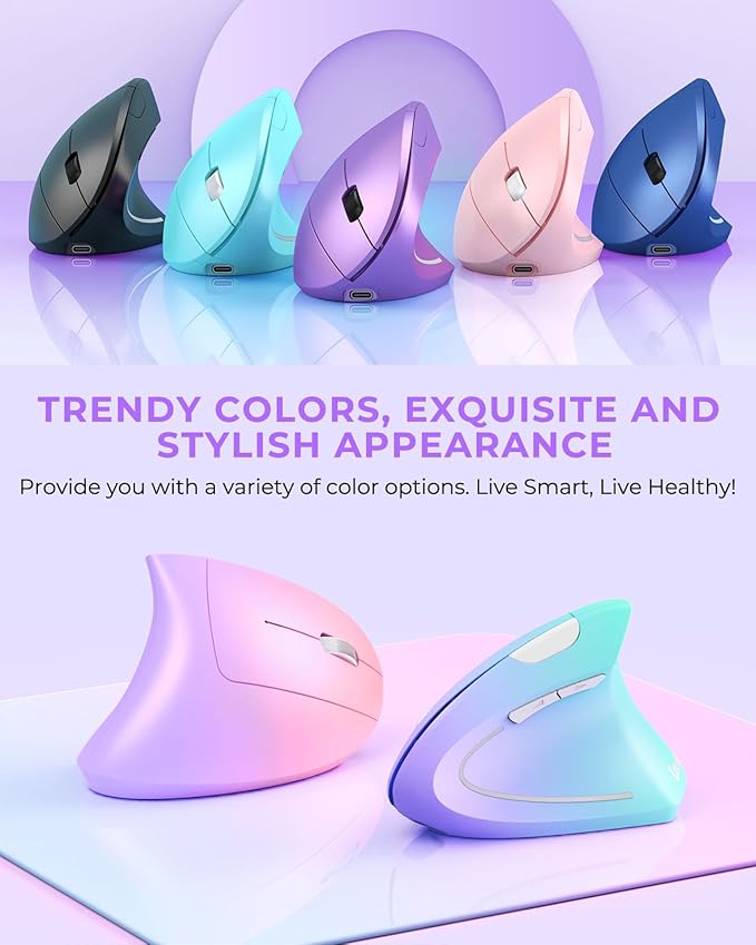 Lekvey Ergonomic Mouse Vertical Wireless Mouse Rechargeable 2.4G Optical Carpal Tunnel Mice with USB Receiver: 1000/1200 / 1600 DPI 6 Buttons for Laptop Computer PC Desktop Light Purple