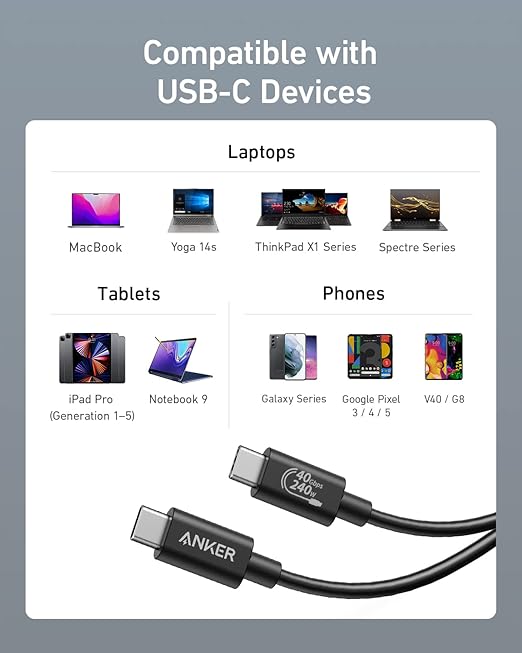 Anker USB C Cable(3.3FT 240W) USB 4 Data Cable 40Gbps 8K HD Display Thunderbolt 4/3 Compatible for iPhone 17 MacBook Hub Docking and More