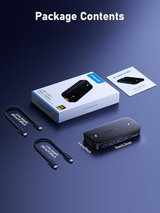 Lemorele USB C KVM Switch 2 Computer Sharing 4K@60Hz HDMI Monitor 100W PD Fast Charging 3×USB-A 2.0 + 1×USB-C 2.0 Data Ports 3.5mm Audio for Windows/Mac/Linux