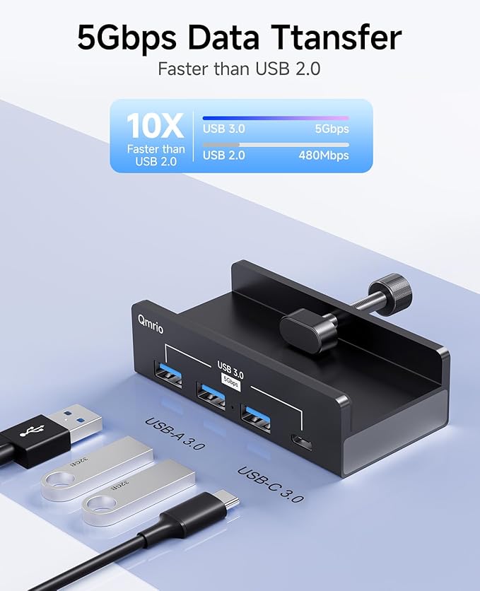 USB Hub 3.0 5Gbps Clamp USB Hub for Desk/Monitors with Extra Power Supply Port 3 USB-A Data Ports USB-C Data Port for iMac Pro/iMac (Black)