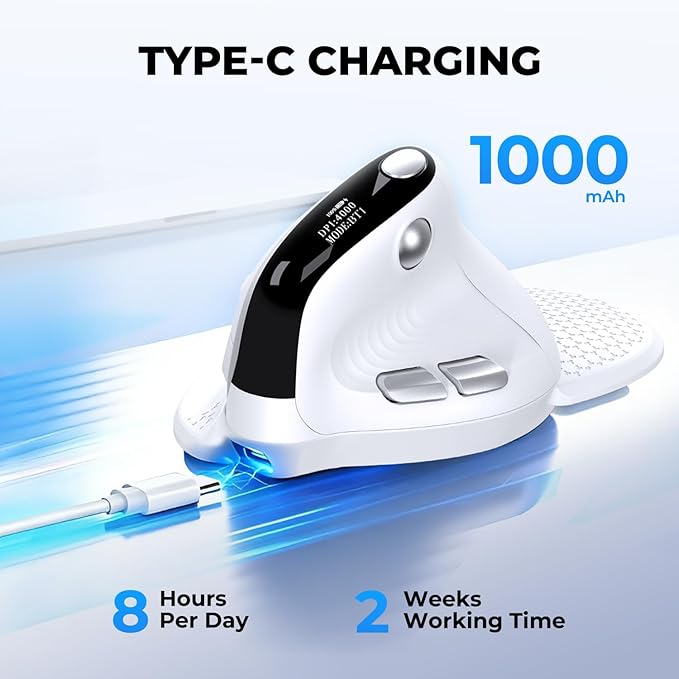DELUX Seeker Ergonomic Mouse Wireless Vertical Mouse with OLED Screen 6 Buttons&ampThumb Wheel Function Silent Click Up to 7200DPI Programmable Rechargeable BT/2.4G/Wired RGB Light(M618XSD-Wh