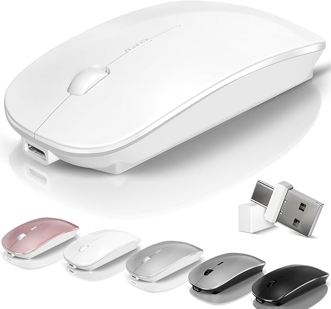Wireless Bluetooth Mouse for Mac Air MacBook Pro Laptop PC Pad Optical Rechargeable Silent Mouse with Jiggler Mode Dual Mode Switch Bluetooth 5.2/3.0 and 2.4G USB-A &amp USB-C Receiver White