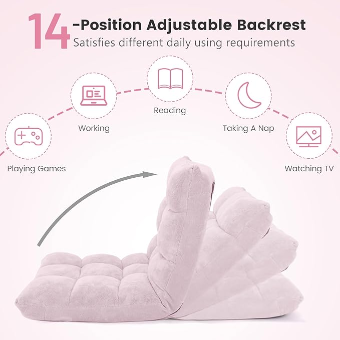MAT EXPERT Floor Chair with Back Support Floor Gaming Chair w/ 14 Adjustable Position Soft Coral Fleece&ampAlloy Steel Frame Foldable Padded Lazy Couch Recliner for Meditating (Pale Pink Large)