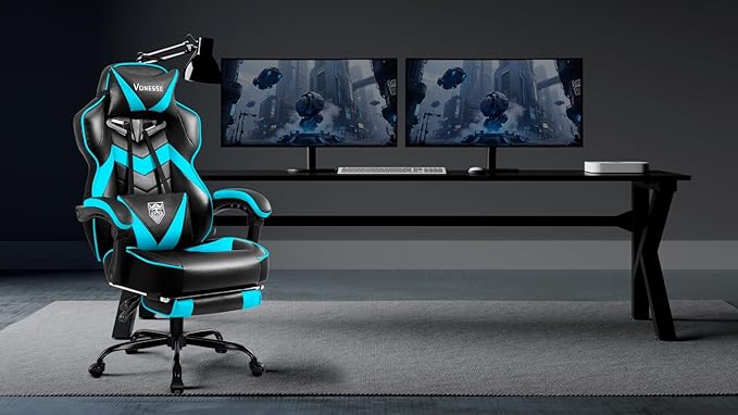 Vonesse Gaming Chair High Back Gaming Chair with Footrest and Massage Gaming Chairs for Adults with Pocket Spring Cushion Big and Tall Reclining Computer Chair with Lumbar Support (Cyan/Black)