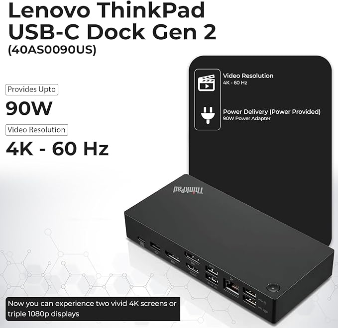 40AS0090US Docking Station Gen 2 - Supports 4K Display 1 Year Warranty Docking Station with 90W Adapter + Microfiber Cloth + DisplayPort Cables - USB-C Thunderbolt 3 Dock (Renewed)