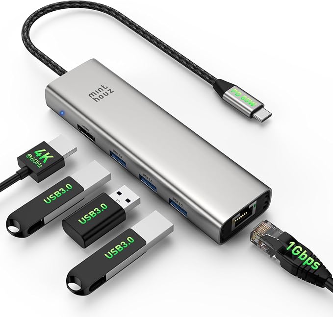 Minthouz 6-in-1 USB C Hub 4K@60Hz HDMI 100W PD Charging 5Gbps USB-C/A Ports 1000Mbps Ethernet Compatible with MacBook Neo M1/M2/M3 Surface HP Lenovo Laptops