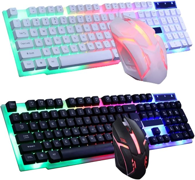 LED Backlit Gaming Keyboard and Mouse Combo for PC Desktop Laptop Colorful Glowing Mouse and Fast Response Velocity (White)
