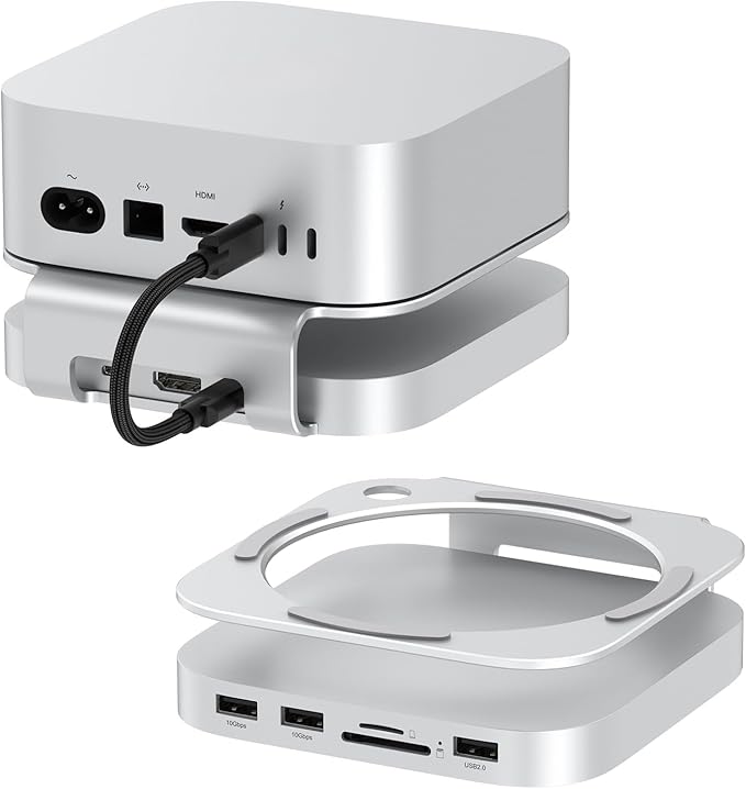 Qwiizlab Aluminum Stand Hub with SSD Enclosure Docking Station for Mac mini M4/M4 Pro 2 USB-A 10Gbps TF/SD 4.0 Card Readers 312MB/s HDMI 4K 60Hz USB-A 2.0 Fits M.2 NVMe SSD up to 8TB (Silver)