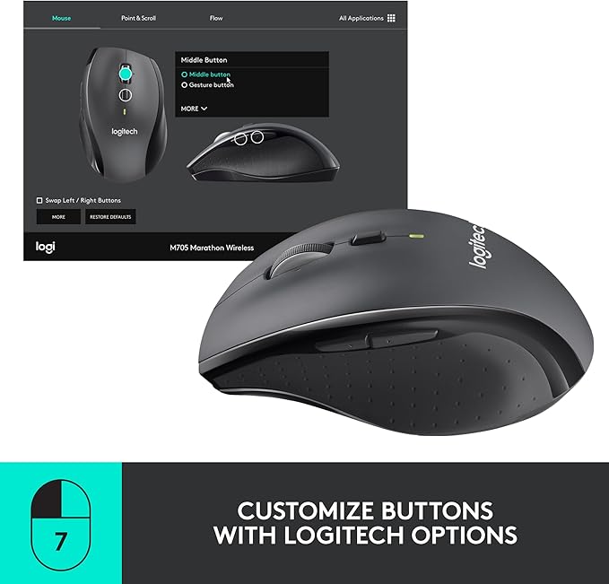 Logitech M705 Marathon Wireless Mouse Gaming Mouse Wireless 2.4 GHz USB-A Receiver 5-Programmable Buttons 3-Year Battery PC Mac Laptop Chromebook - Black