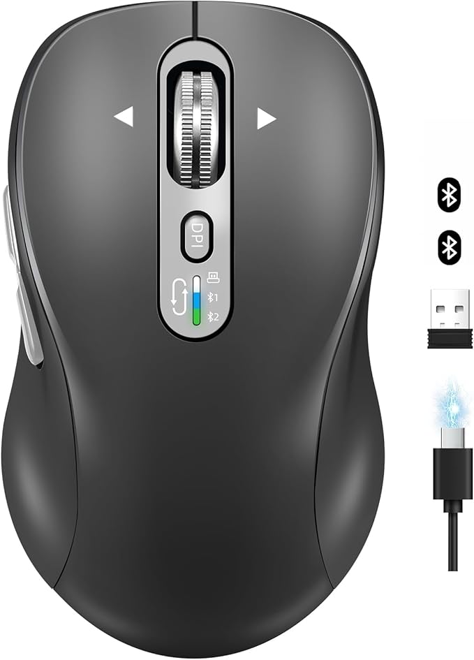 Wireless Bluetooth Mouse Portable Rechargeable Multi-Device4-Level DPIUSB-A Receiver and Two Bluetooth Multi-System4-Way Scrollig for MacBook Air/Pro iPad Laptop Computer. (Grey)