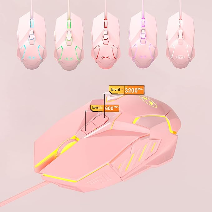 Typewriter Mechanical Gaming Keyboard and Mouse Combo Retro Punk Round Keycaps RGB Rainbow Backlit Wired Keyboard for Game and Office for Windows Laptop PC Red Switches(Pink)