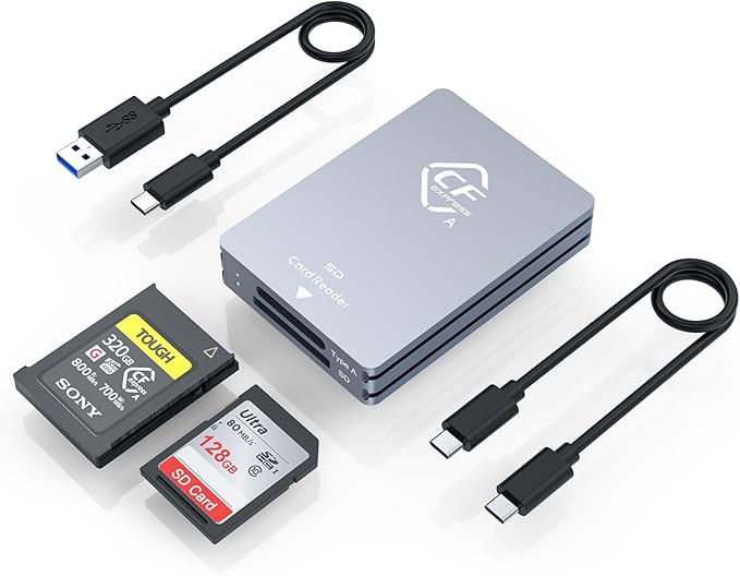 CFexpress Type A and SD Dual-Slot Memory Card Reader 10Gbps USB 3.2 Gen 2 Type A CFexpress Adapter Memory Card Reader with USB C to USB C/USB A CableCompatible with Windows/Mac/Linux/Android