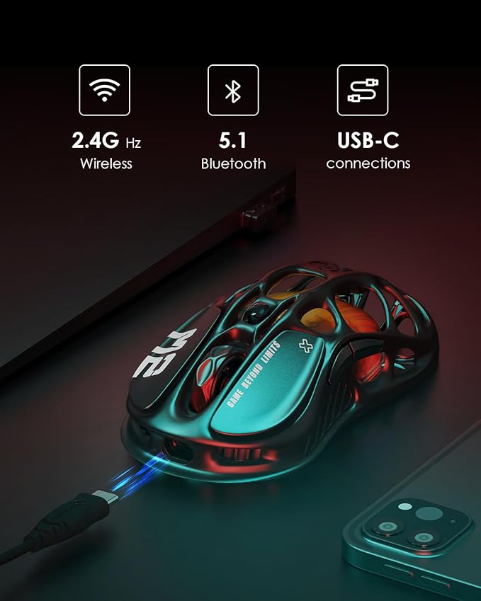 GravaStar Mercury M2 Wireless Gaming Mouse with 26000 DPI PAW3395DM Sensor -79g Lightweight Hollowed-Out Design -5 Programmable Buttons -5 Dynamic Lightsync RGB